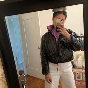 Cropped patent puffy jacket reversible